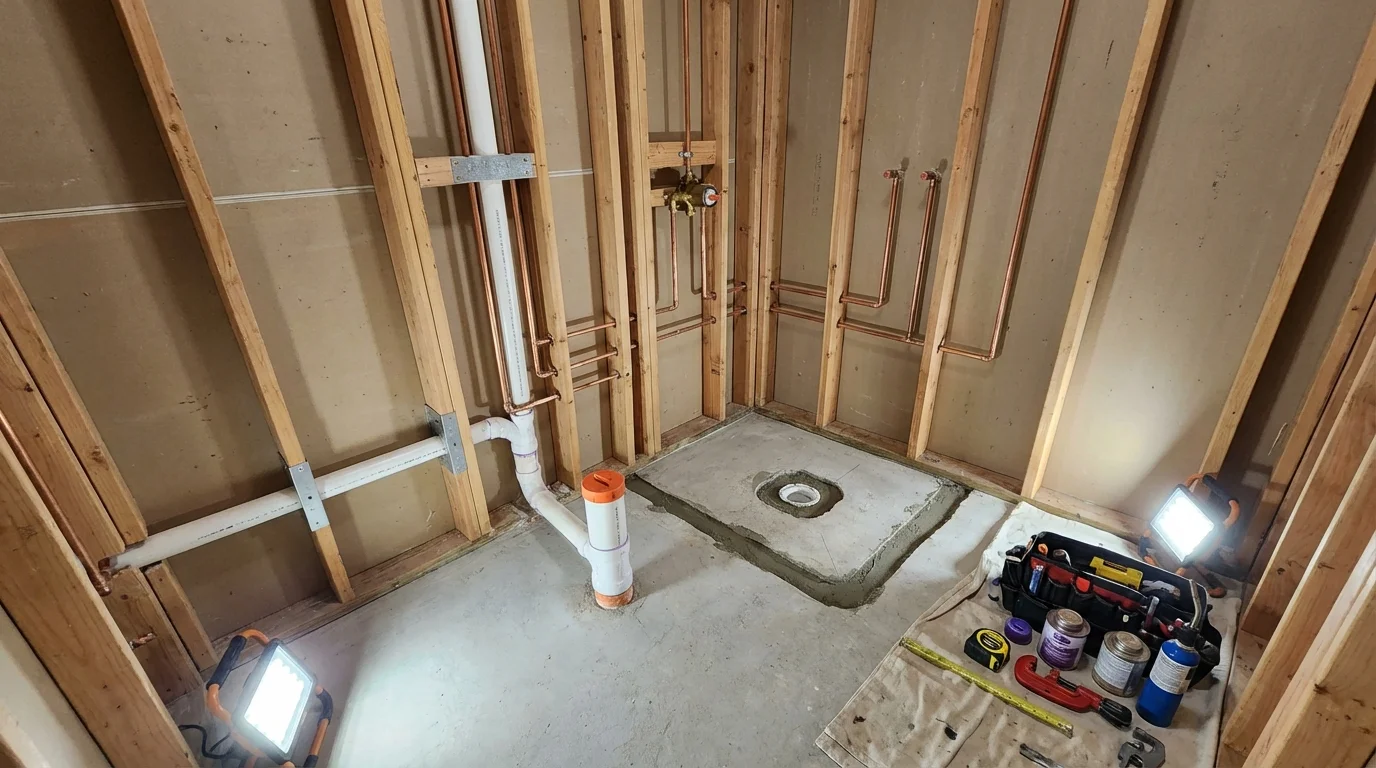 Bathroom rough-in plumbing during remodel by Johns Plumbing LLC in Middle River
