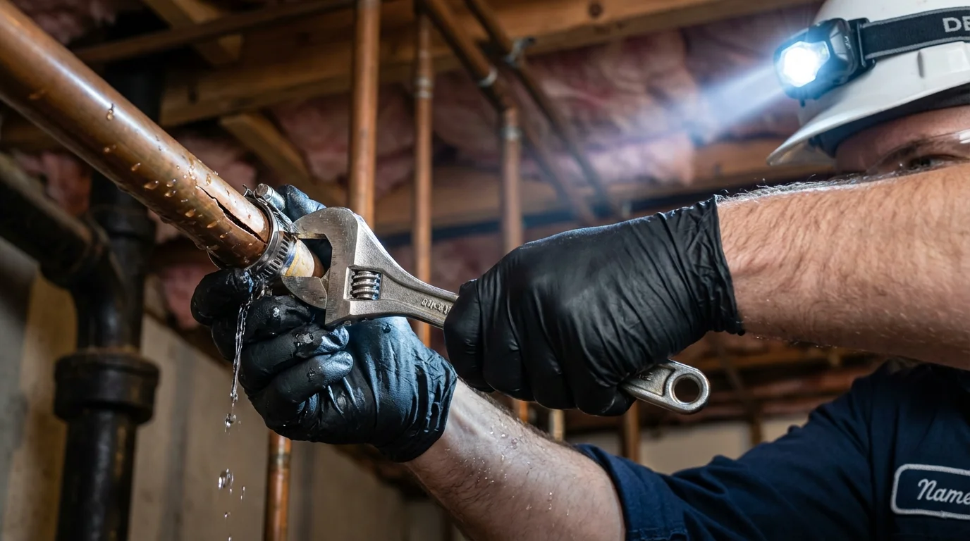 Emergency pipe clamp repair being performed by a Johns Plumbing LLC plumber in Middle River