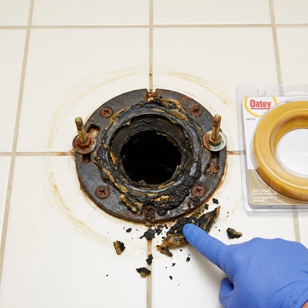 Failed wax ring showing water seepage at the base of a toilet in a Middle River, MD home