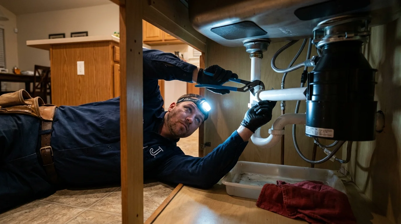P-trap and supply line connections under a kitchen sink showing a common leak point in Middle River, MD